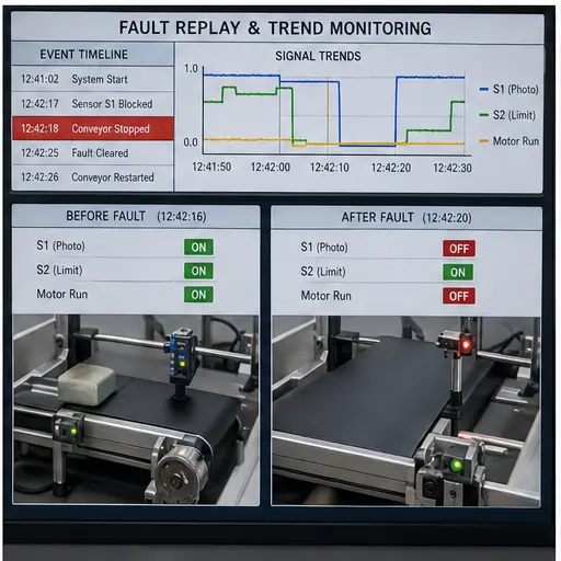 Conveyor fault replay with sensor transitions and controller trend captured before and after a stop