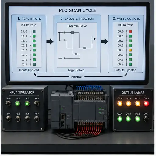 Compact PLC scan-cycle lesson showing input refresh program execution and output refresh