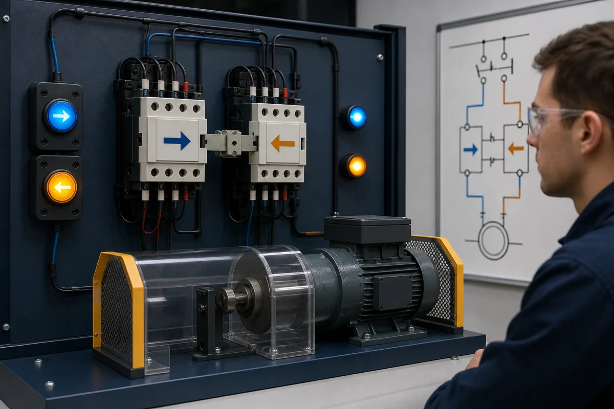 Forward reverse motor control training panel with two mechanically interlocked contactors and direction pushbuttons