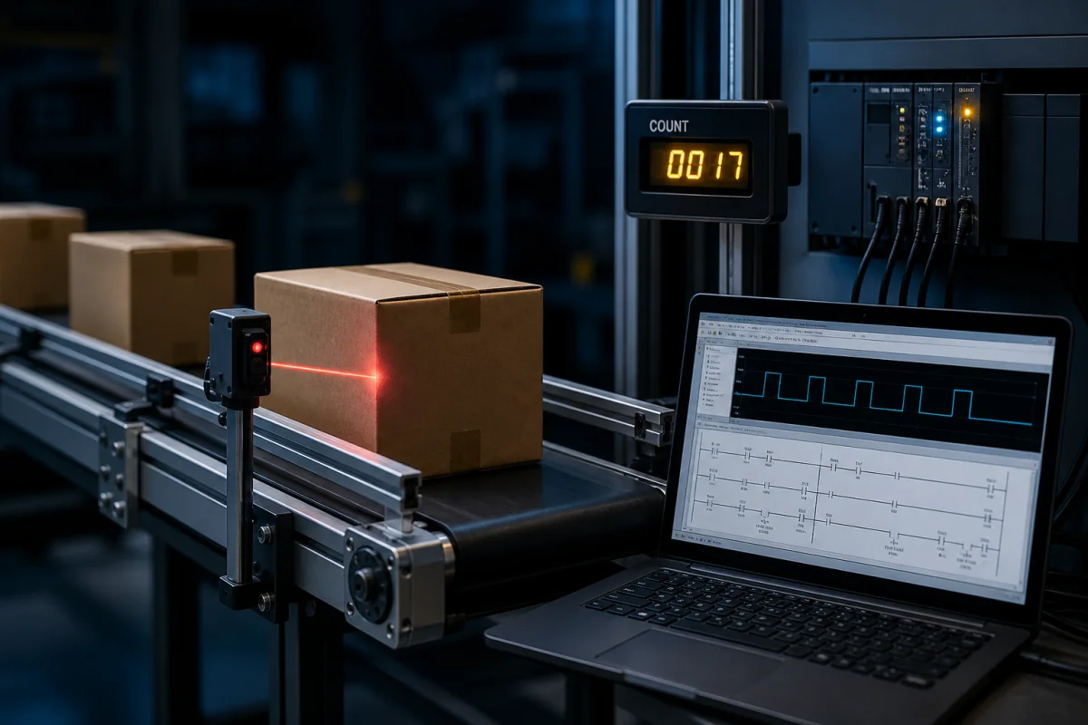 Photoelectric sensor counting cartons on a conveyor with a PLC one-shot pulse shown on a programming laptop