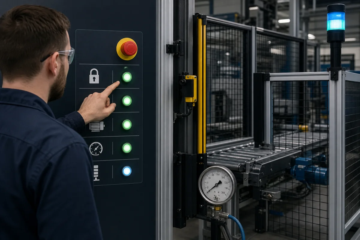 Technician checking emergency stop, guard switch, overload and pressure permissives before starting a guarded conveyor