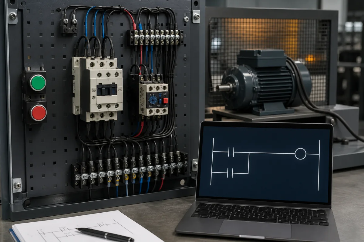 Ladder logic seal-in motor example with start, stop, holding contact and motor output behavior