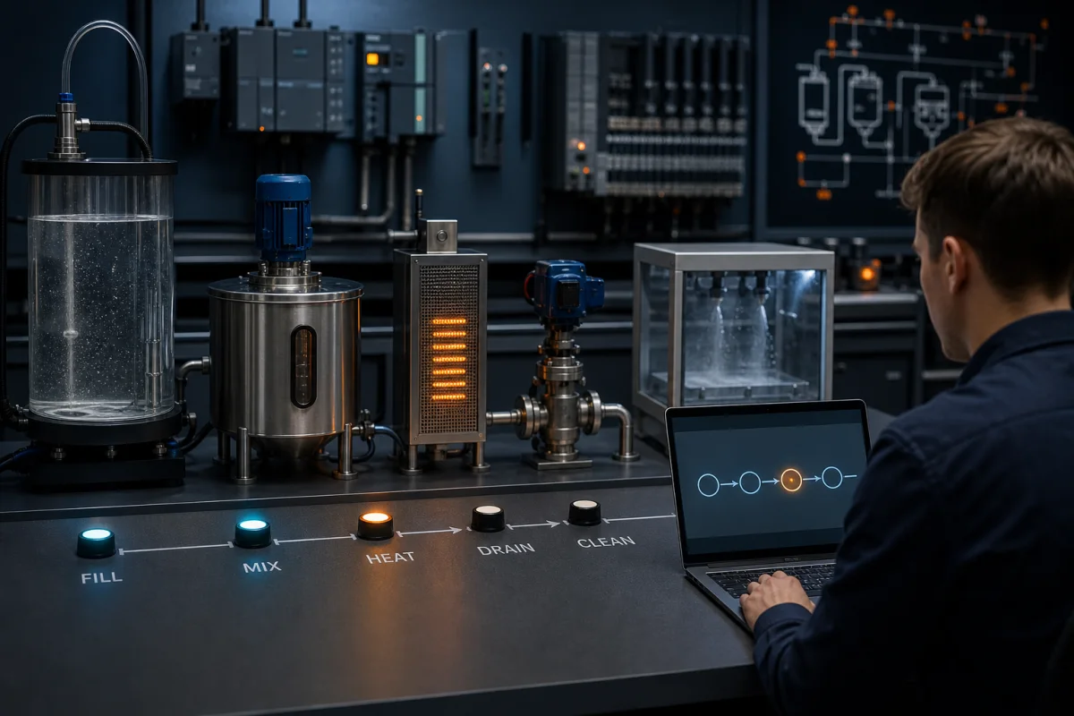 PLC state machine example coordinating fill, mix, heat, drain and clean stages on a process training rig
