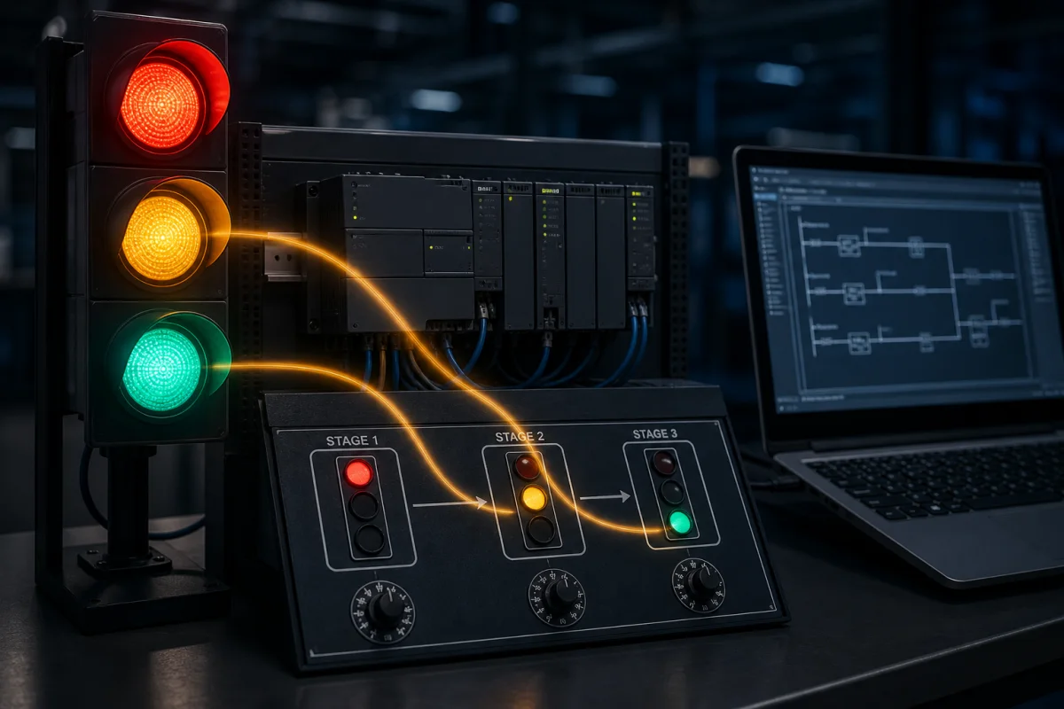 PLC timer cascade example sequencing red amber and green traffic lights across three timed stages