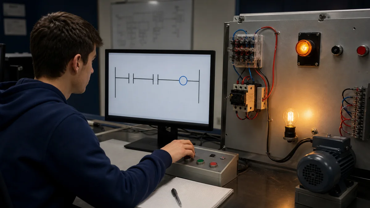 Beginner building a first ladder logic contact and coil program beside an illuminated PLC training lamp