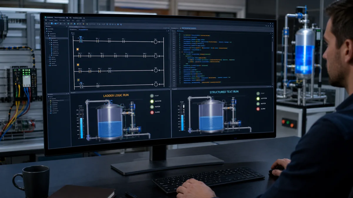 Controls engineer comparing ladder logic and Structured Text for the same tank process on one screen