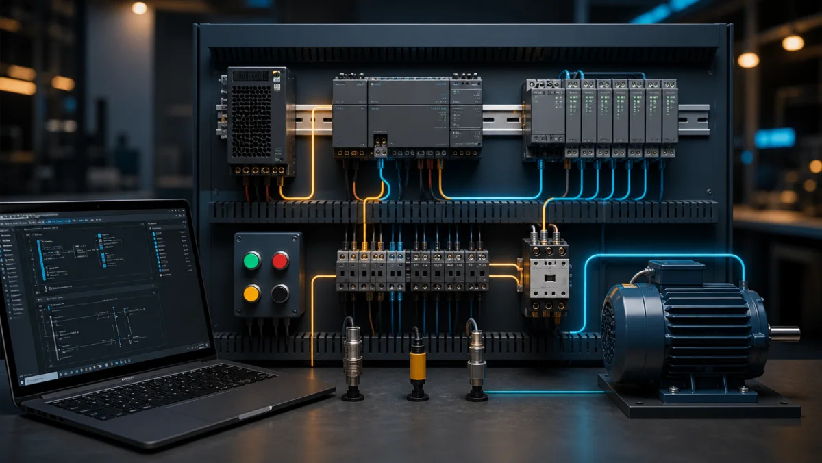 PLC training bench showing a controller, digital I O modules, terminal blocks, pushbuttons, sensors, motor and programming laptop