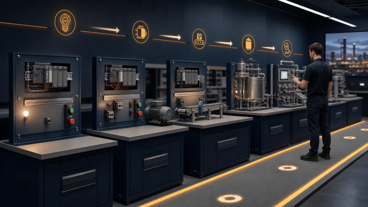 Progressive PLC learning path with motor, conveyor, process tank and commissioning training stations