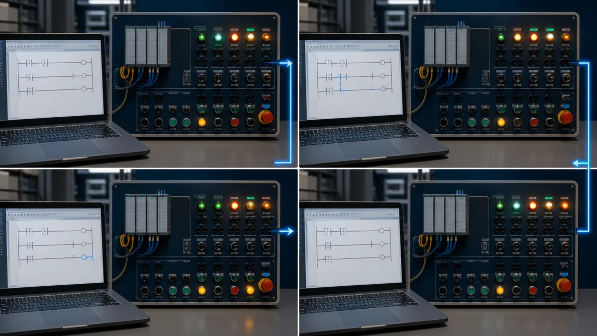 Four-stage PLC scan cycle training bench showing read inputs, execute ladder logic, write outputs and repeat