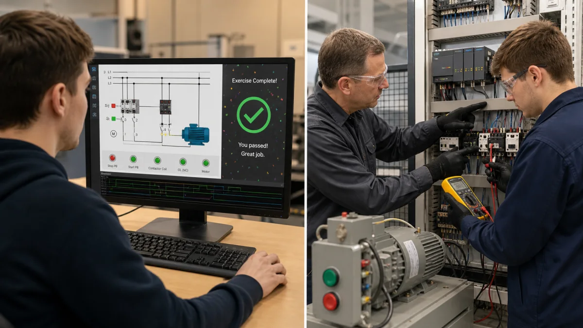 PLC learner moving from a browser simulator exercise to supervised electrical panel commissioning with a multimeter