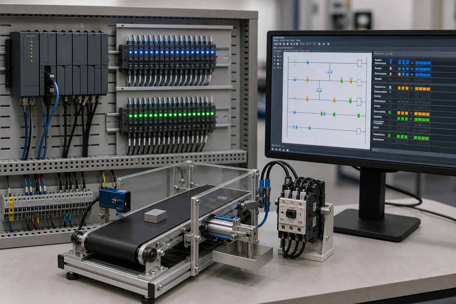 Technician using a browser PLC lab to observe input, work-bit and output state on a conveyor training rig