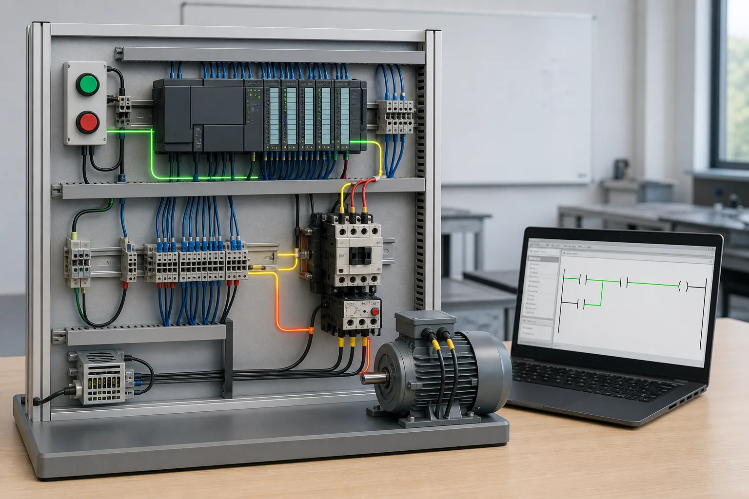 Vendor-neutral PLC motor-control trainer showing start and stop inputs, a seal-in rung and motor output state