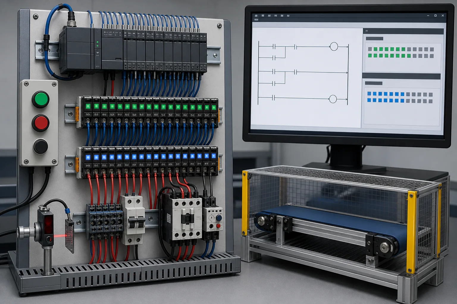 Vendor-neutral PLC conveyor training bench showing channel-bit inputs, a work bit and a mapped motor output
