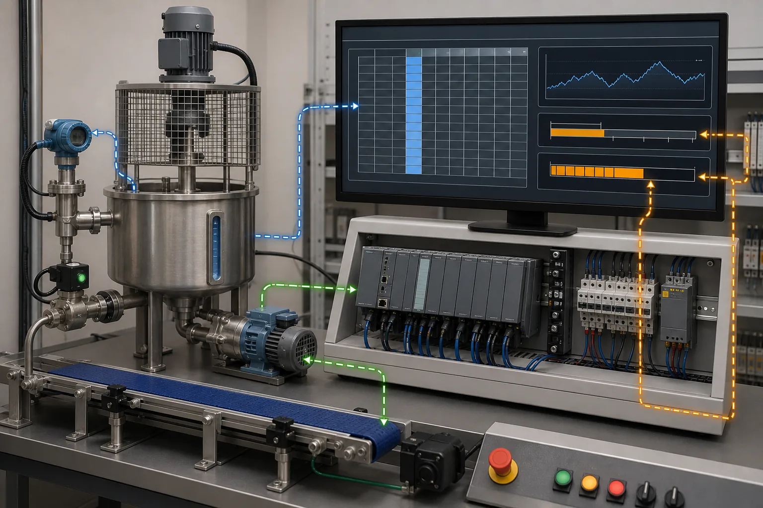 Industrial process training bench connecting PLC data memory to an analog vessel level and live trend