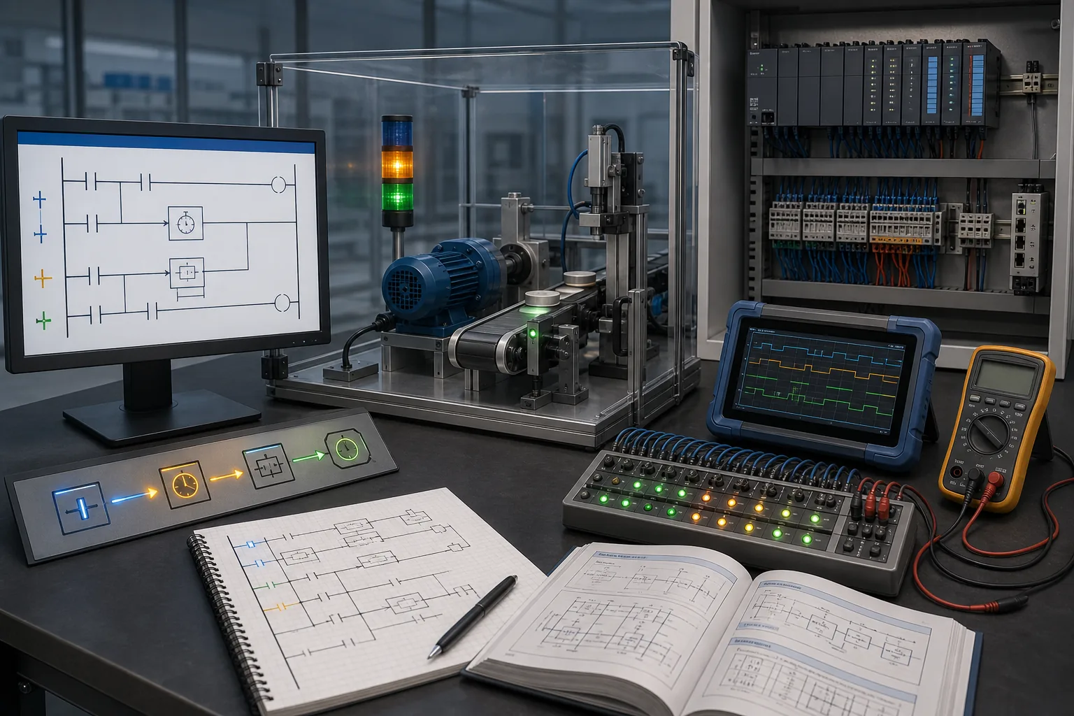 PLC training bench connecting ladder instructions, a guarded machine, live I/O evidence, measurements and a technical manual