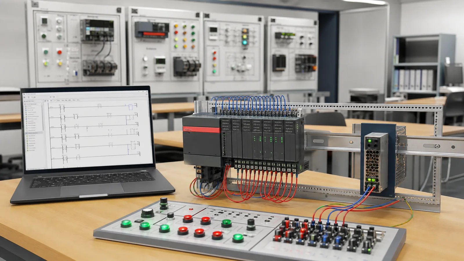 Generic compact PLC programming bench with ladder logic, wired inputs and output indicators for Mitsubishi-style browser practice