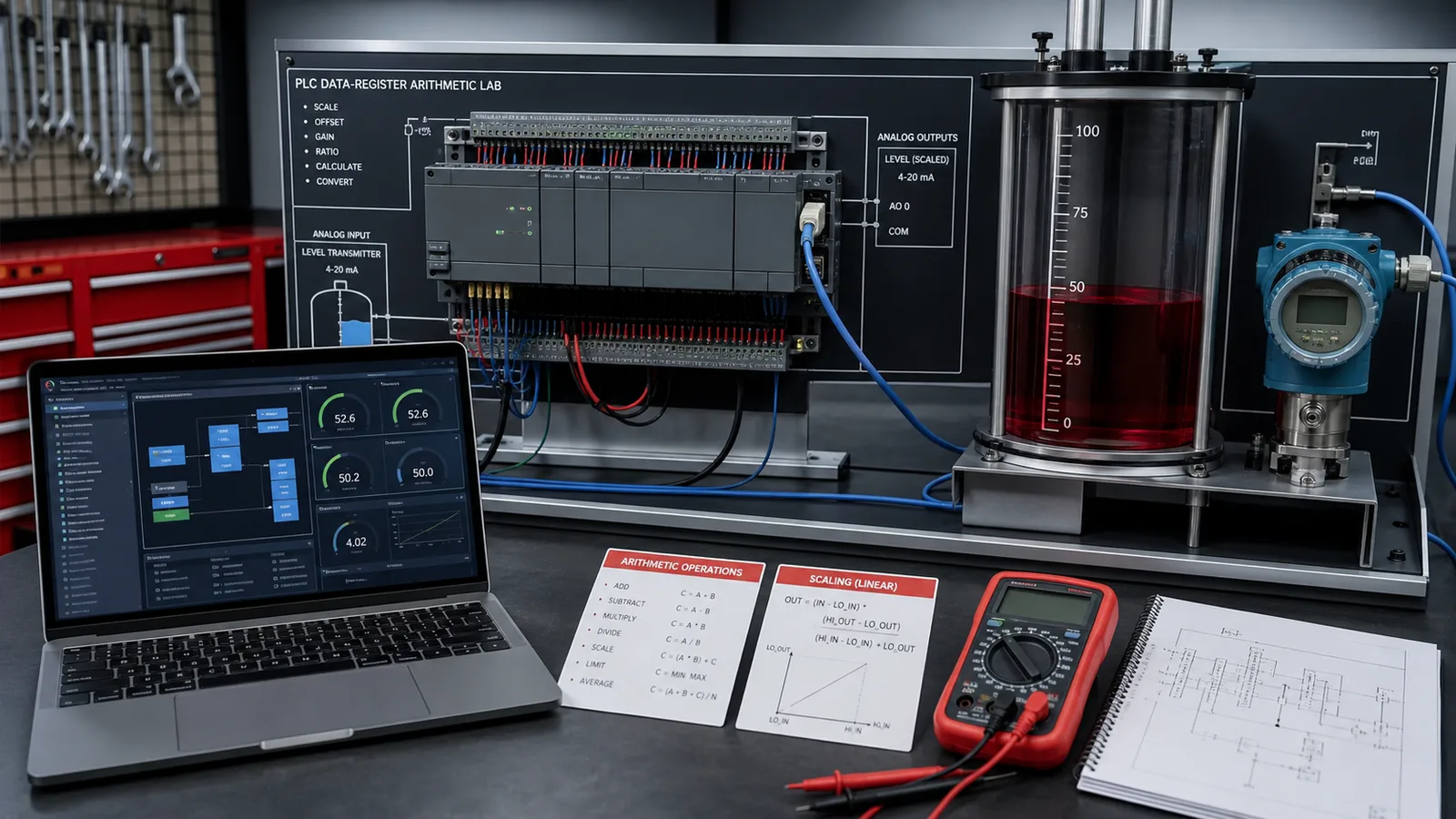 PLC process lab with analog level transmitter, data display and test instruments for D-register practice