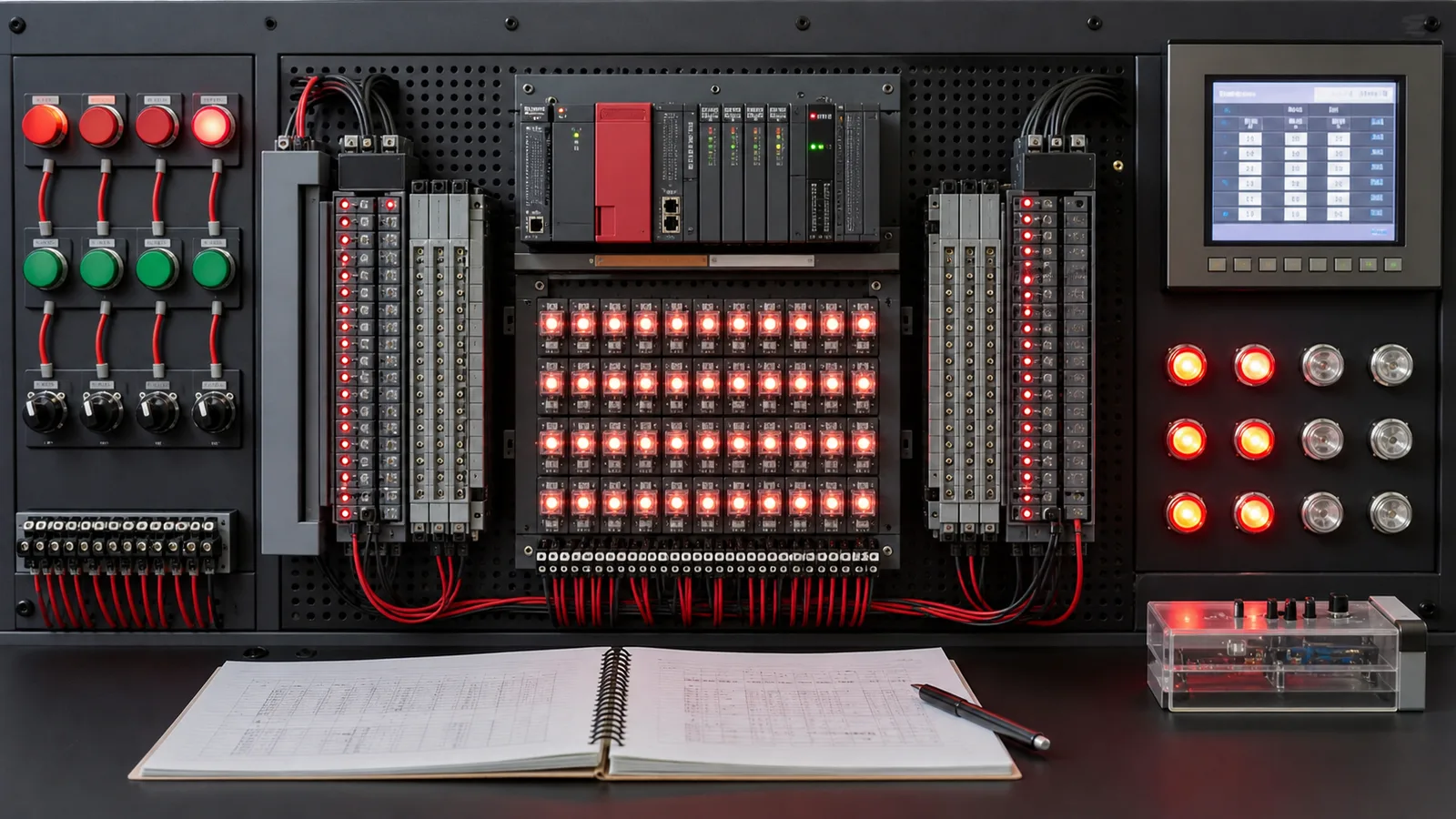 PLC device-memory training panel showing separated input, output, internal relay and data-register areas