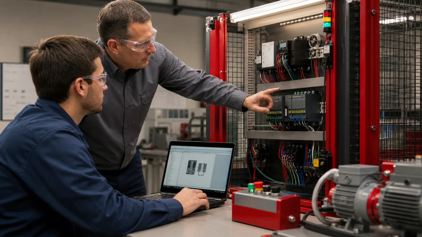Instructor and learner validating a generic PLC motor cell at an engineering workstation before commissioning