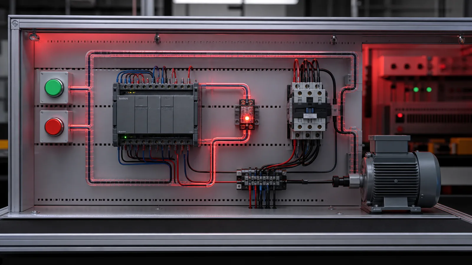 Motor-control training rig with start and stop buttons, PLC, contactor and motor for a Mitsubishi-style seal-in exercise