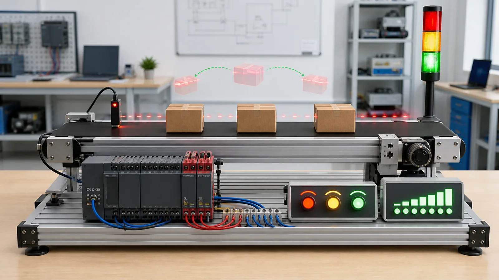 Compact conveyor PLC lab with sensor, products and stack light for Mitsubishi-style timer and counter exercises