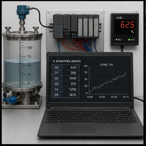 Process level training bench using D registers and a trend to verify PLC data operations