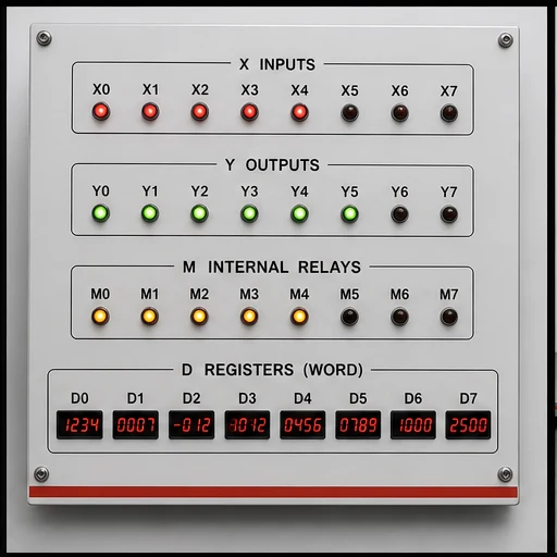 Training board separating X inputs, Y outputs, M internal relays and D data registers
