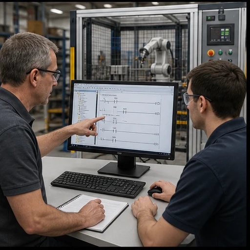 Instructor and learner validating PLC logic at an engineering workstation beside a guarded automation cell