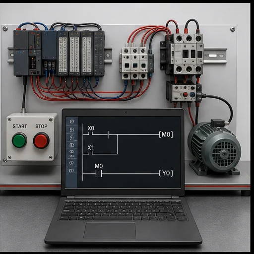Motor control PLC training rig demonstrating an internal M relay latch and Y motor output