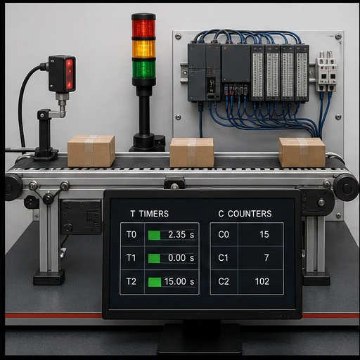Conveyor PLC simulation lab showing T timer and C counter status beside a photoelectric sensor