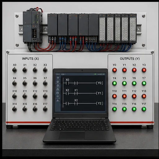 Generic PLC simulator training bench with X input switches, Y output indicators and Mitsubishi-style mnemonic logic