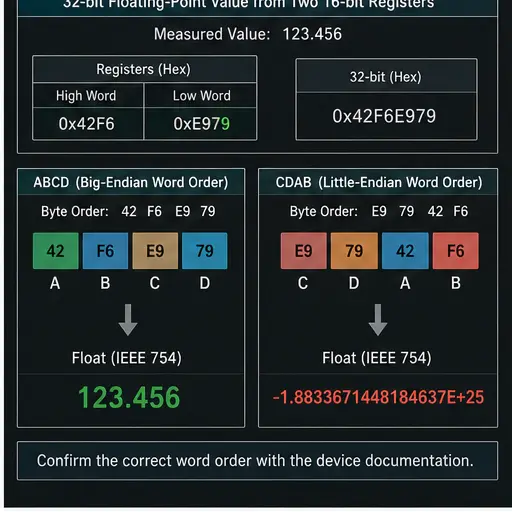 Thirty-two-bit floating-point Modbus value decoded from two 16-bit registers using different word orders
