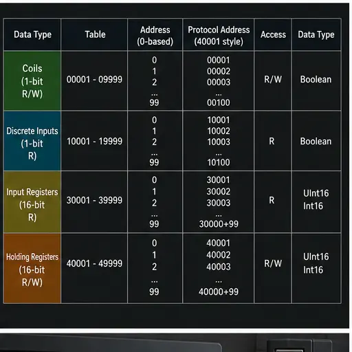 Modbus coils discrete inputs input registers and holding registers compared with protocol addresses