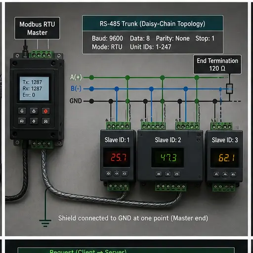 Modbus RTU master and three slave devices wired as an RS-485 daisy chain with shield and termination