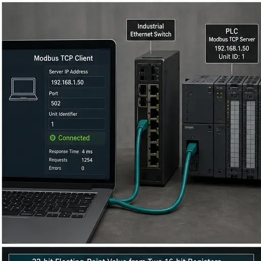 Modbus TCP client connected through an industrial Ethernet switch to a PLC server