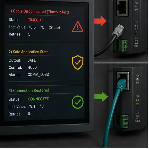 Modbus cable disconnect test showing timeout stale data safe state and restored communication