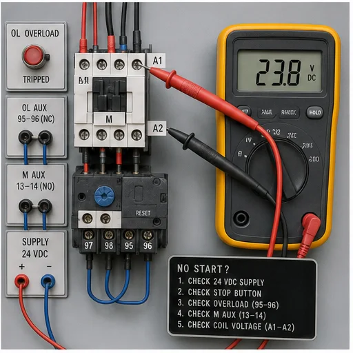 Motor no-start diagnosis measuring contactor coil A1–A2 voltage and checking overload feedback