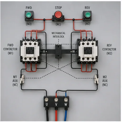 Forward-reverse motor starter with dual contactors and mechanical and electrical interlocks