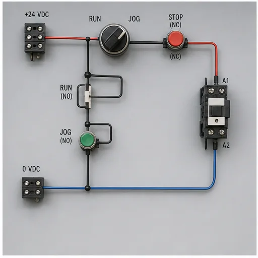 Run-jog motor control circuit comparing maintained run and momentary jog behavior