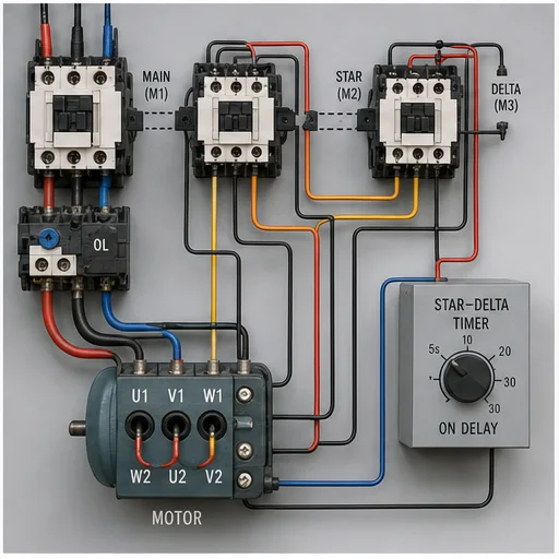 Star-delta motor starter with main star and delta contactors transition timer and six motor terminals
