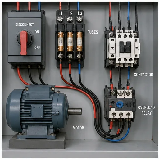 Three-phase motor starter power circuit with disconnect fuses contactor overload relay and induction motor