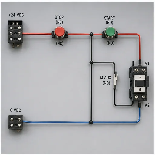 Twenty-four-volt three-wire start-stop motor control circuit with seal-in auxiliary contact