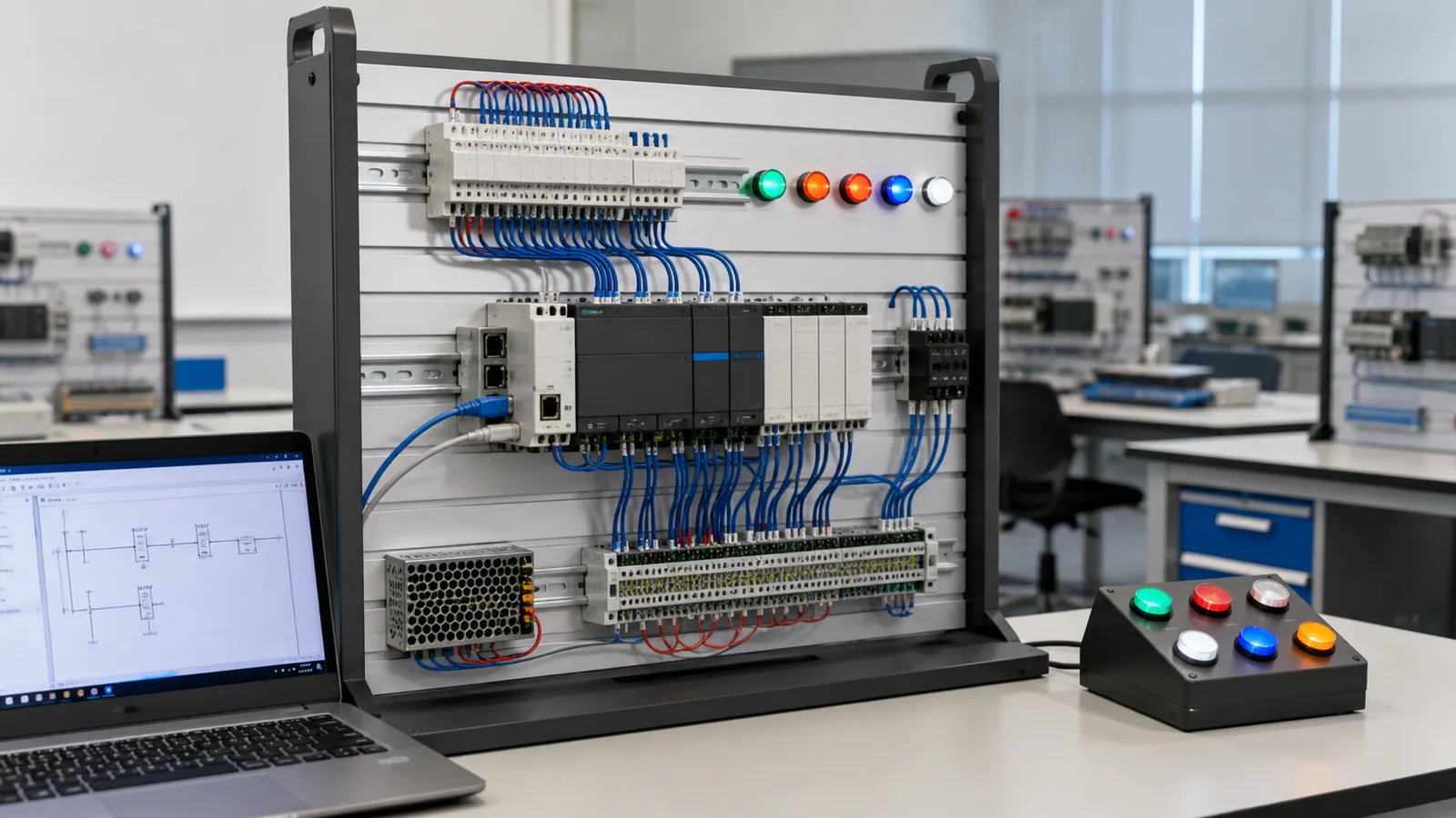 Generic white PLC programming bench with ladder logic, wired controls and output lights for Omron CX-style practice