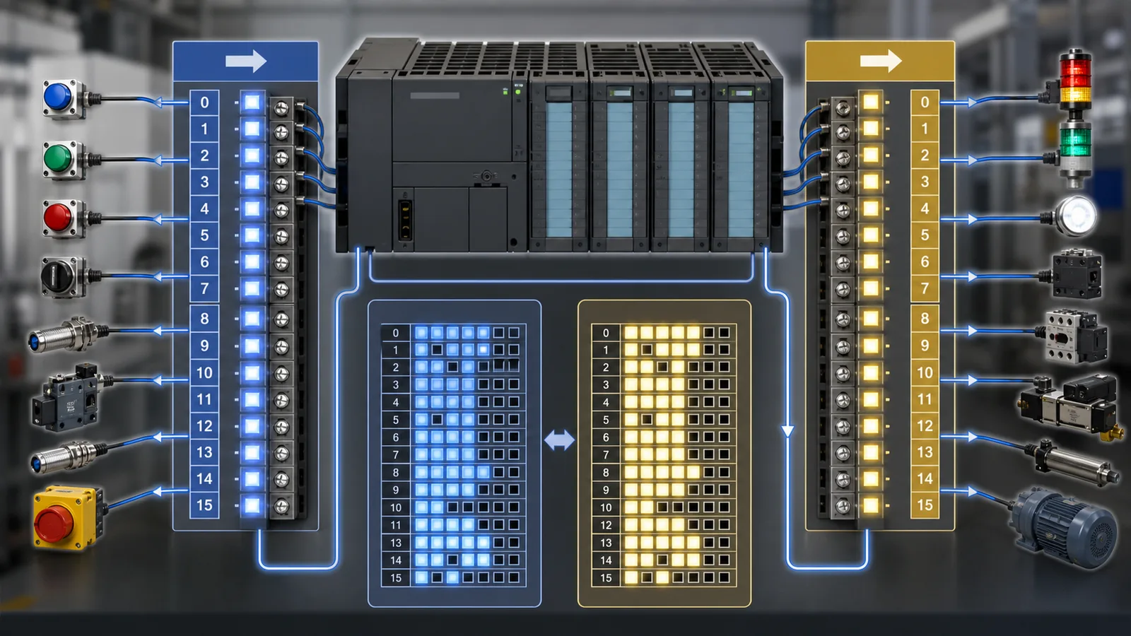 PLC channel-bit addressing panel with separated 16-point input and output banks and internal memory indicators
