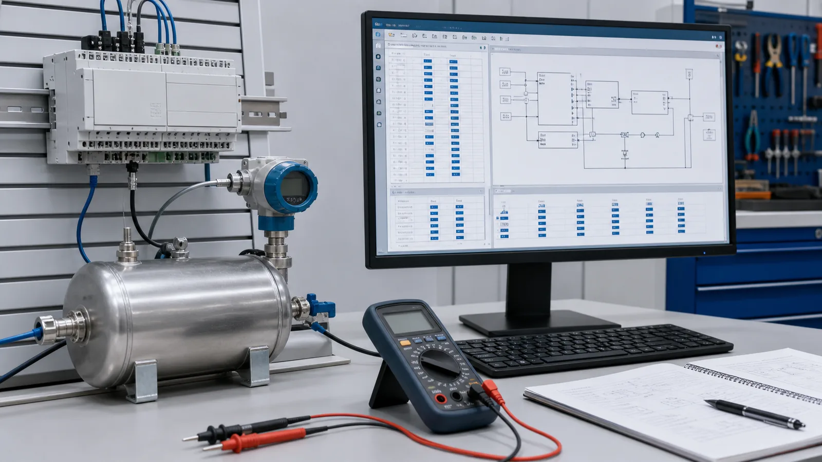 PLC pressure process lab with engineering display and test instruments for Omron D-memory exercises