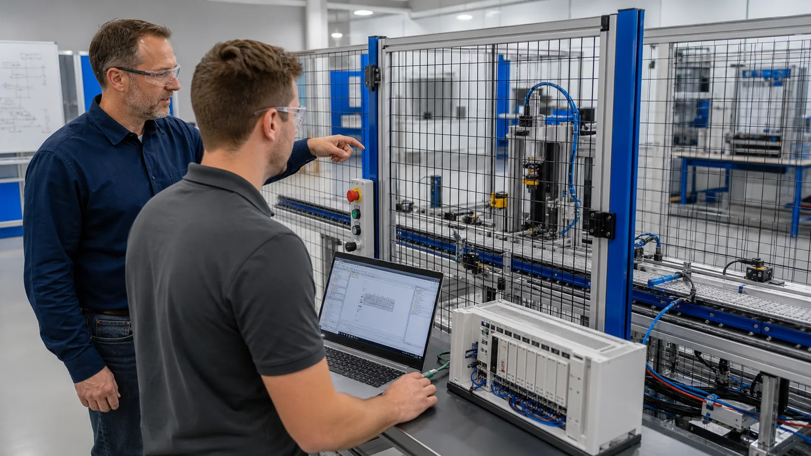 Instructor and learner safely validating a guarded conveyor PLC cell at an engineering workstation