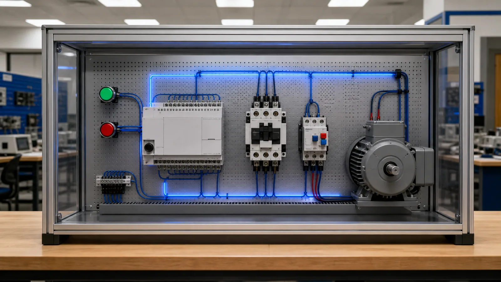 Motor starter training panel with pushbuttons, PLC, contactor, overload and motor for Omron ladder practice