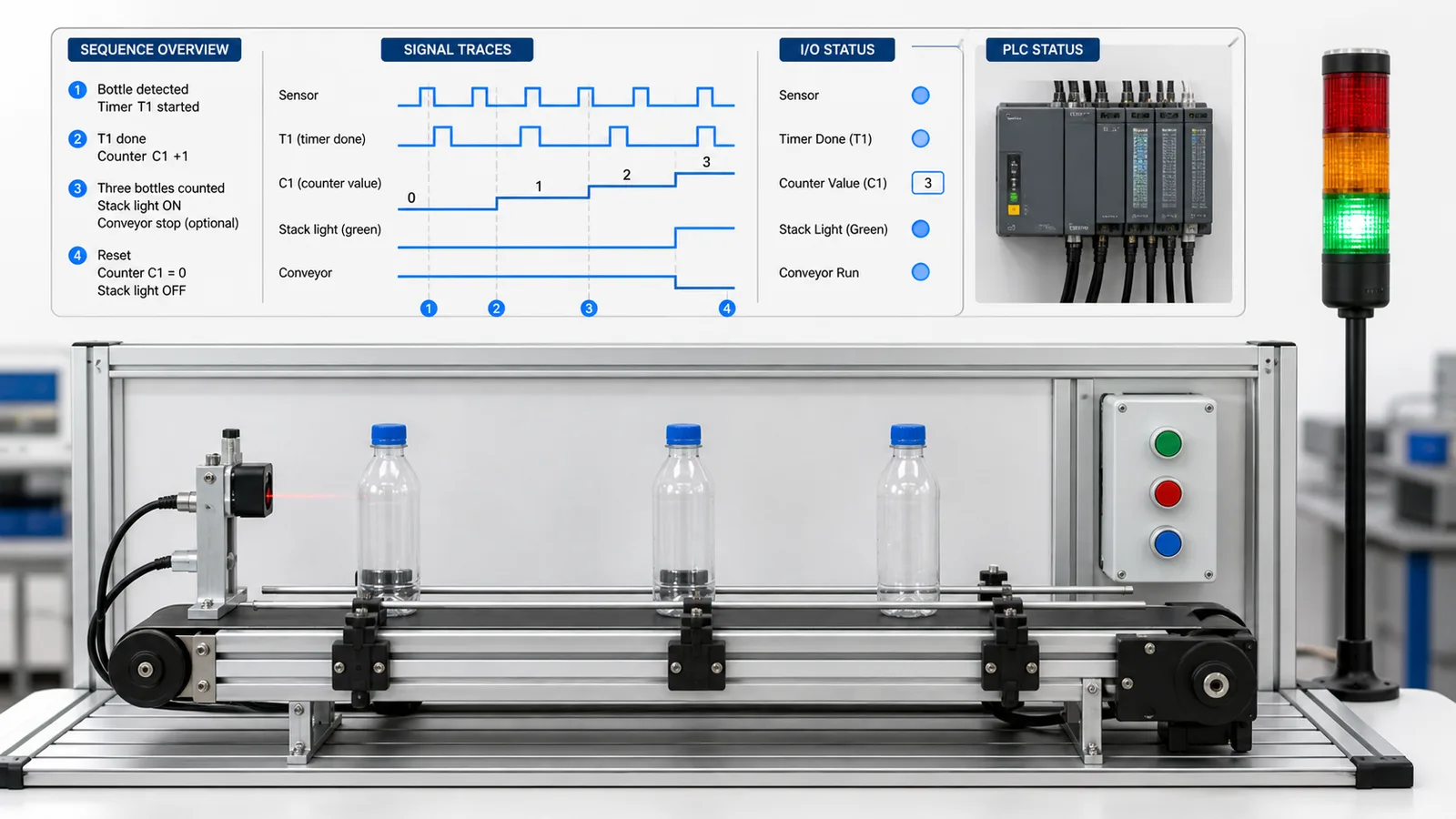 Bottle conveyor PLC lab with sensor and stack light for Omron TIM and CNT instruction practice