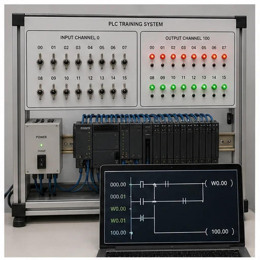 Generic PLC training bench with channel 0 inputs, channel 100 outputs and Omron CX-style ladder practice
