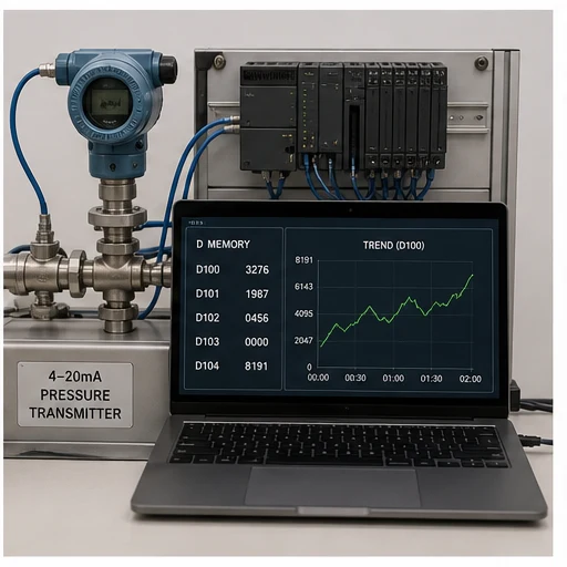 Pressure transmitter and PLC process bench showing D-memory values and a trend